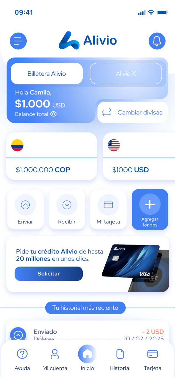 Pantalla de cuentas en pesos y dólares en la app de Alivio
